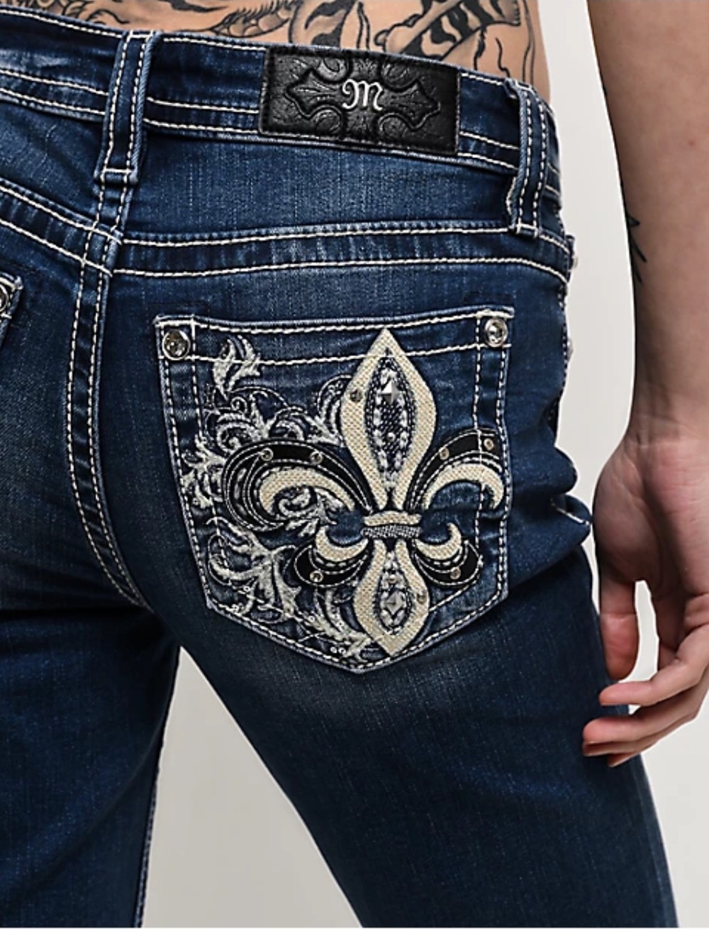 Miss Me Dark Blue Bootcut Jeans with Embroidered Fleur-de-Lis